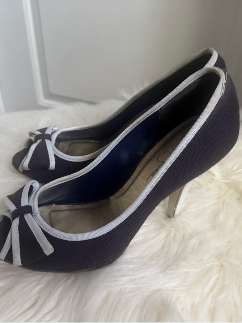 Jessica Simpson Navy Peep-Toe Heels with White Trim and Bow